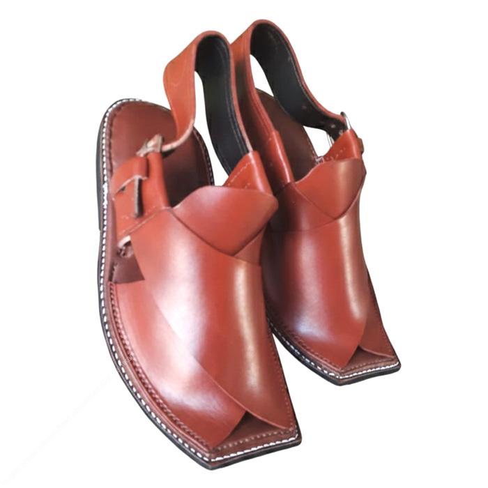 Handmade Maroon Brown Cut-Upper Peshawari Chappal with Rubber Sole - Image 3