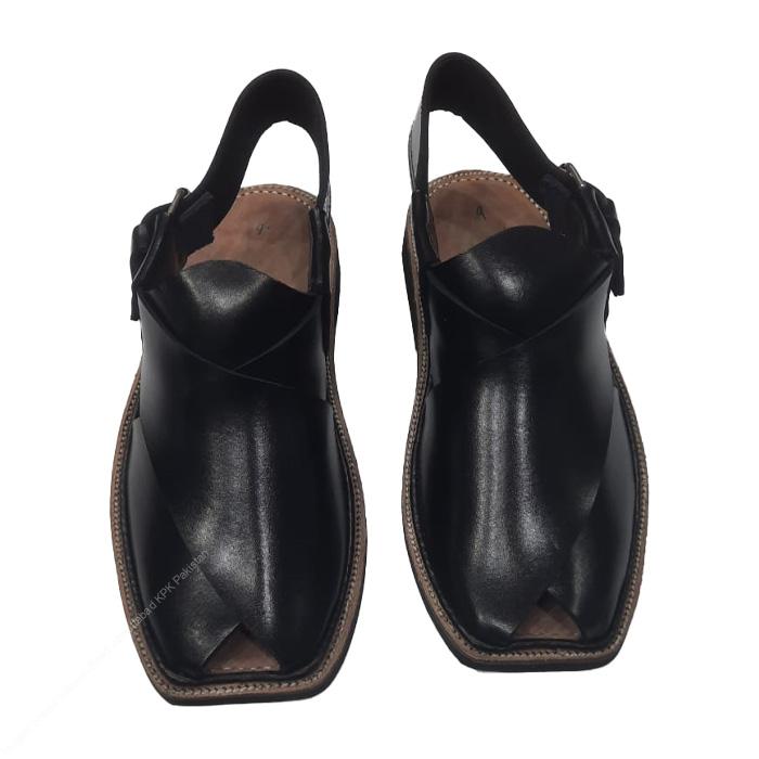 Classic Black Charsadda Kheri Chappal – Hand-Stitched Round Toe Design