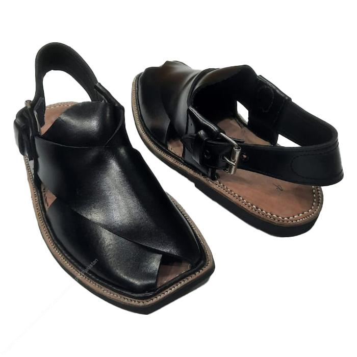 Classic Black Charsadda Kheri Chappal – Hand-Stitched Round Toe Design - Image 3