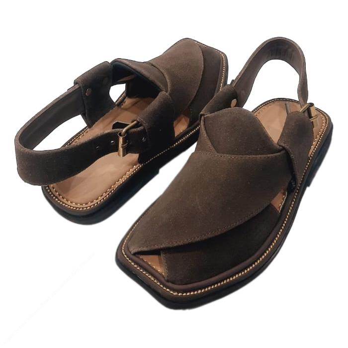 Suede Saplay - Brown Smart Zalmi Round Shape Peshawari Chappal for Men – Premium Genuine Leather | MughalShoes.com