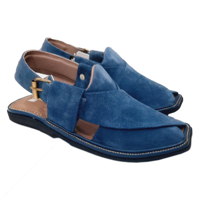 Blue Suede Smart Zalmi Round Shape Peshawari Chappal for Men – Premium Genuine Leather | MughalShoes.com - Image 2