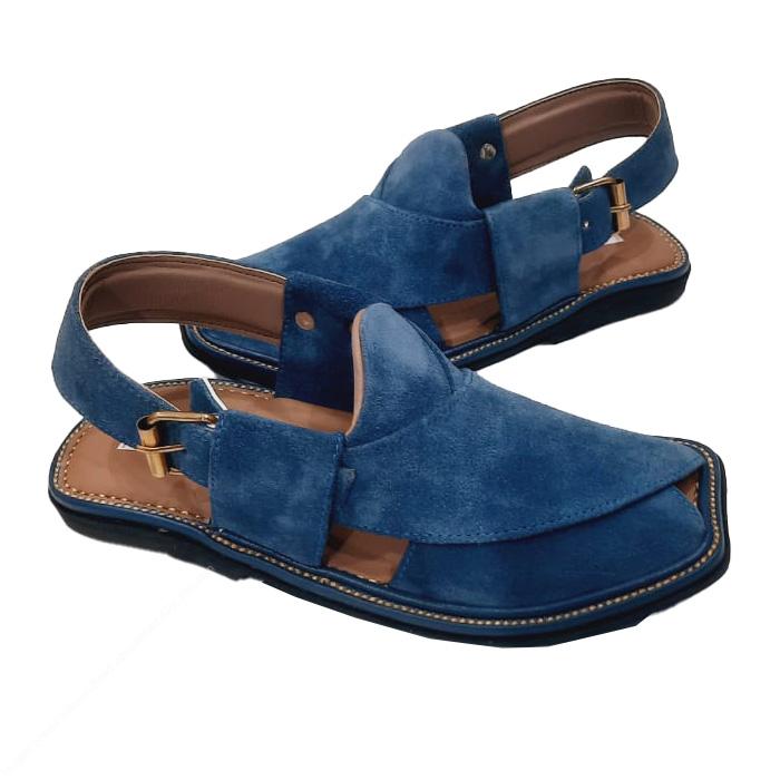 Blue Suede Smart Zalmi Round Shape Peshawari Chappal for Men – Premium Genuine Leather | MughalShoes.com - Image 4