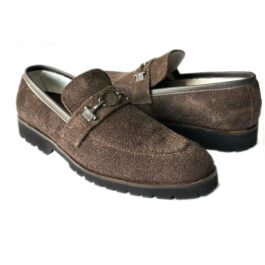 Handmade men’s formal loafers crafted from premium suede-finish leather with elegant metal detailing.